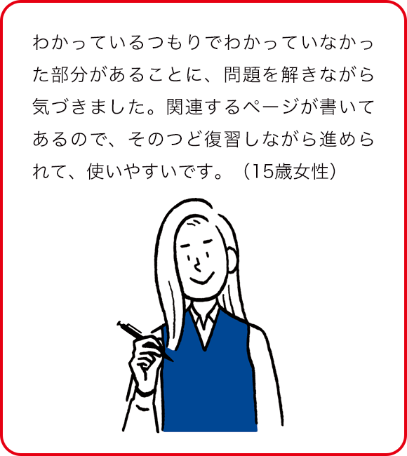 わかっているつもりでわかっていなかった部分があることに、問題を解きながら気づきました。関連するページが書いてあるので、そのつど復習しながら進められて、使いやすいです。(15歳女性)